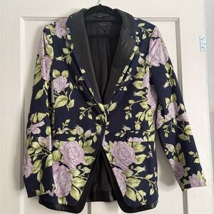 rag & bone Navy Floral Blazer with Black Leather Trim